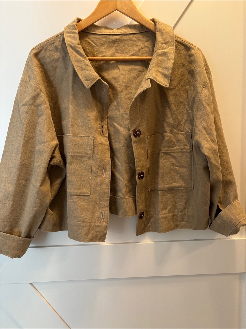 Cropped Linen-style Jacket in Beige Khaki